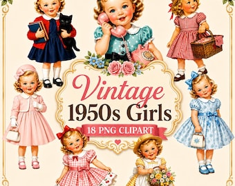 Lot de cliparts fille vintage des années 1950, 18 PNG rétro pour tout-petits, jolie fille d'honneur, chat, chambre de bébé, journal indésirable, fabrication de cartes