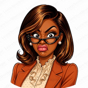 May include: A digital illustration of a woman with brown skin, wearing black cat-eye glasses and pearl earrings. She has a displeased expression, wearing a rust-colored blazer over a cream-colored blouse. The image has the text "Learn Nest Boutique".