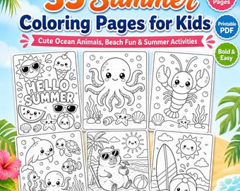 35 pages à colorier d'été audacieuses et faciles pour les enfants, animaux marins mignons, activités amusantes sur la plage, vie marine imprimable PDF