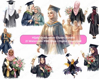 Bundle de cliparts musulman fille de remise des diplômes PNG, Hijabi diplômé aquarelle, remise des diplômes fille PNG, Clipart de remise des diplômes islamiques, 2026, 300 DPI