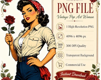 Vintage Rose femme PNG, Pin Up rétro Clipart, fille Pop Art des années 1950, téléchargement numérique