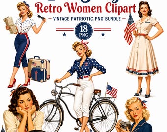 Clipart pin-up patriotique rétro, vintage Americana femmes PNG, 4 juillet Sublimation, 250e anniversaire des États-Unis