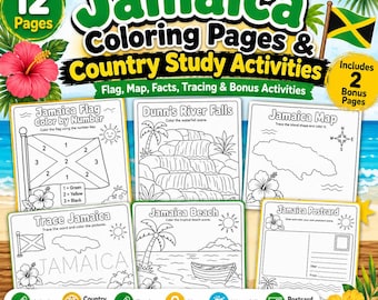Coloriages de la Jamaïque, activités d'étude de pays pour les enfants, feuilles de travail sur la géographie du drapeau de la carte, PDF sur la culture des Caraïbes