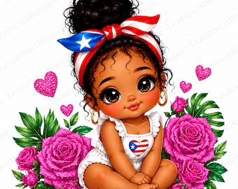 Lot de 10 Chibi Porto Rico bébé fille PNG, Clipart fille Boricua, drapeau de Porto Rico PNG, sublimation de princesse Latina mignonne