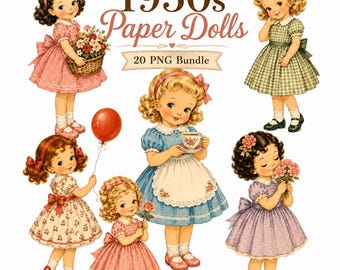 Poupées en papier imprimable Style années 1950, 20 cliparts petites filles vintage, jolies filles rétro PNG pour Scrapbooking Journal indésirable