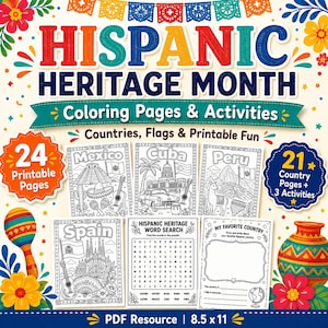 Pode incluir: Um gráfico colorido para o Mês da Herança Hispânica, com páginas para colorir e atividades. O design inclui o texto "Hispanic Heritage Month" e "Coloring Pages & Activities". A imagem mostra páginas para México, Cuba, Peru e Espanha, além de um jogo de palavras.