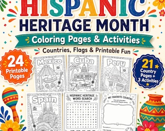 Páginas para colorear del Mes de la Herencia Hispana, 24 páginas imprimibles, banderas de países de habla hispana, actividades en PDF sobre la cultura latina.