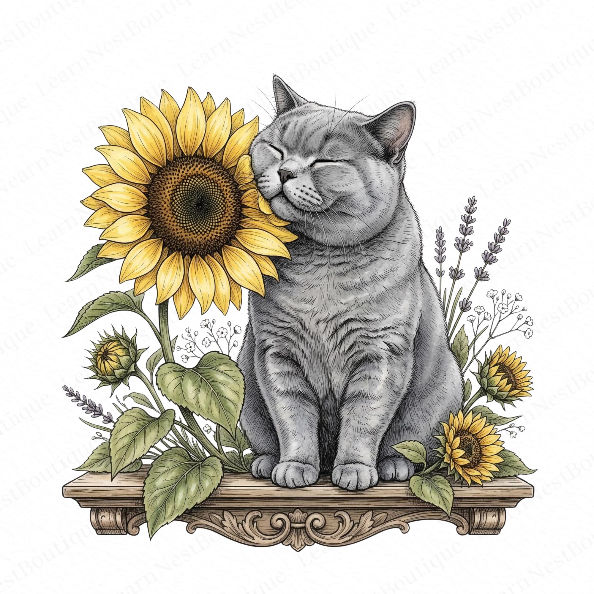 Watercolor Floral Cat Clipart Bundle - Cute Kitten and Sunflower PNG ...