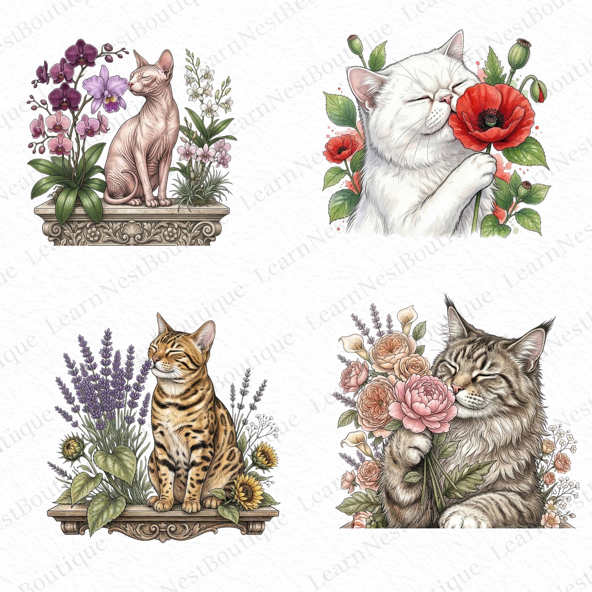 Watercolor Floral Cat Clipart Bundle - Cute Kitten and Sunflower PNG ...