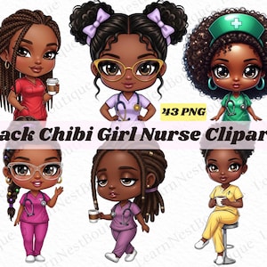 May include: A digital illustration featuring six chibi-style Black female nurses in various poses. They wear scrubs in red, purple, green, and yellow, some holding coffee cups. The image includes the text "Black Chibi Girl Nurse Clipart."