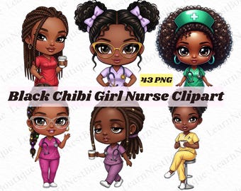 Bundle de cliparts infirmière Chibi afro-américaine, 43 personnages PNG sur tout le corps, vie d'infirmière tout en mélanine, gommages au café