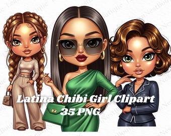 Bundle PNG Latina Chibi Girl – Clipart mode brillant, 35 personnages semi-réalistes, fond transparent, téléchargement immédiat