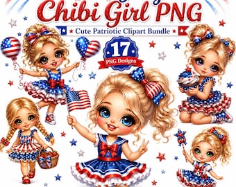 4 juillet fille Chibi PNG Clipart, 17 Sublimation de fille blonde patriotique, mignon poupée USA clipart, fête de l'indépendance PNG