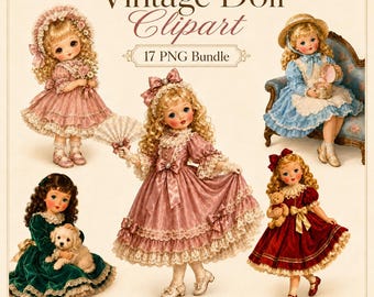 Lot de 17 cliparts PNG poupée vintage, 17 filles de poupée victorienne, jolies illustrations de poupées anciennes, coquette florale PNG, clipart de journal indésirable