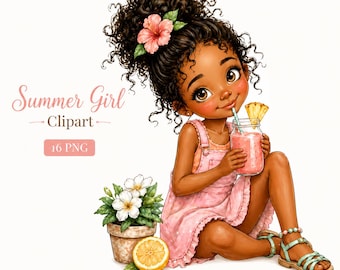 Bundle de cliparts lunatique fille d'été, 16 filles de plage mignonnes PNG, Illustration aquarelle pour enfants, vacances d'été PNG, téléchargement immédiat