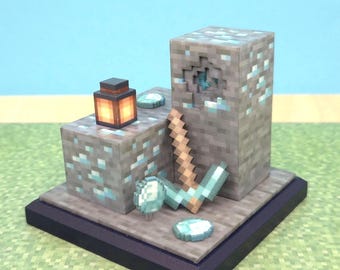 Minecraft-Inspired Diorama with Display Case - 3" Diamond Block Sculpture with Glowing LED Lantern