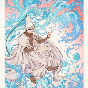 May include: An illustration of a figure in white robes and a pointed hat, surrounded by blue water-like swirls against a pink and orange background. The figure is holding a pen and appears to be drawing. A blue rose is in the lower right corner.