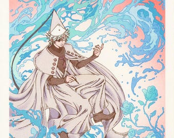 May include: An illustration of a figure in white robes and a pointed hat, surrounded by blue water-like swirls against a pink and orange background. The figure is holding a pen and appears to be drawing. A blue rose is in the lower right corner.