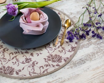 Round linen placemats Easter dinner place mats Set 4 circle place setting Floral wedding decor Family event eco friendly table setting