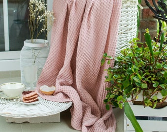 Blush pink linen throw blanket Washed bedspread bed cover Boho home decor sofa comforter Her gift blanket  Beach rug outdoor picnic blanket