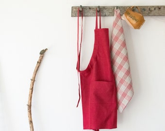 Set linen apron and kitchen plaid towel Bordeaux unisex full apron Foodie gift apron with one big pocket Eco adjustable bib apron