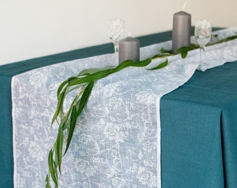 Pure white linen table runner with flowers Sheer wedding dinner table decor Boho table cloth Birthday Eco Friendly French style table linens