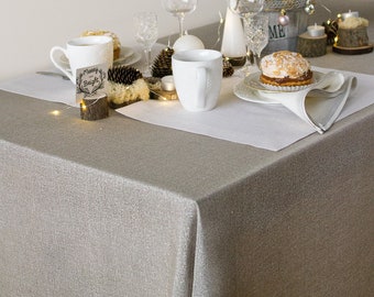 Wide silver linen TABLECLOTH Metallic wedding dinner table cover Extra long Hanukkah natural table cloth Sparkly Christmas party table decor