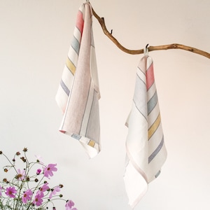 White linen tea towels Kitchen linens hand towels Striped with colors face towels Set 2 3 4 rustic towels Boho home decor unpaper dish cloth