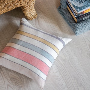 Funda de almohada blanca con rayas de colores Funda de lino rústico grueso Cojines decorativos antiguos Cojines de sofá de saco de grano de granja