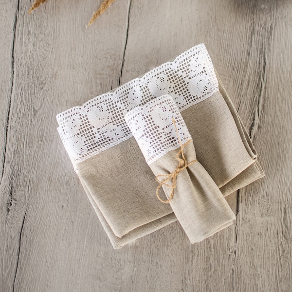 Natural linen small tea towels Kitchen linens hand towels Dish cloth with white lace Farmhouse set 2 4 rustic country style neutral towels