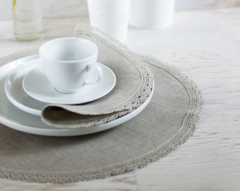 Round linen placemats Wedding centerpiece placemats Natural france placemats Lace Placemats Set of 6 table mats Lace Wedding Table Decor
