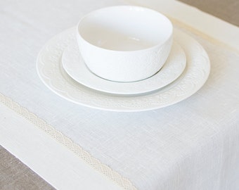 White linen table runner Christmas runner Wedding, bridal shower decor Lace dine runner Baby table linens White shabby chic tabletop decor