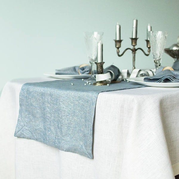 Blue silver linen table RUNNER Metallic table decor Sparkly Christmas lurex runner Rustic vegan living decor Beach wedding dinner runner