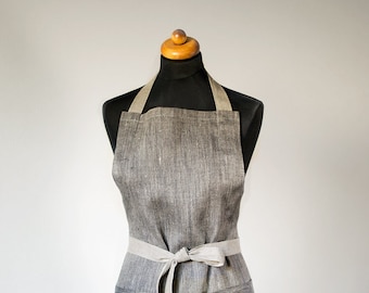 Linen Aprons Unisex Full Apron Natural Gray With Black Apron Men Apron With One Big Pocket Long Apron Men Cooking Apron Eco Friendly Apron