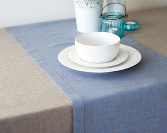 Lino azul TABLE RUNNER Cena de verano corredor largo Woodland boda fiesta mesa centro de mesa Bridal Shower Decor Pascua gris azul corredor corto