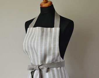 Linen Apron Striped Full Apron Natural Linen Apron Foodie Gift Apron Tan With White Traditional Apron With One Big Pocket Eco Apron