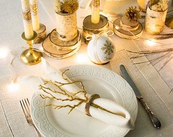 Gold sparkly ecru linen placemats Set of fabric mats Wedding dinner placemats Festive Metallic table decor White Shiny shower place mats
