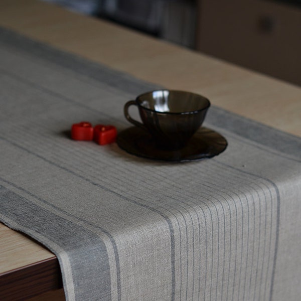 Table Runner Striped Linen Runner Natural Linen With Gray Table Decor Linen Runner