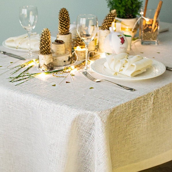 Grande nappe dorée, fleurs de table de mariage scintillantes cpver, décoration de table métallique, nappe de Noël ivoire en lin