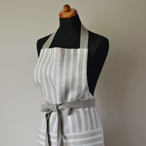 Linen Apron Striped Full Apron Natural Linen Apron Foodie Gift Apron Tan With White Traditional Apron With One Big Pocket Eco Apron