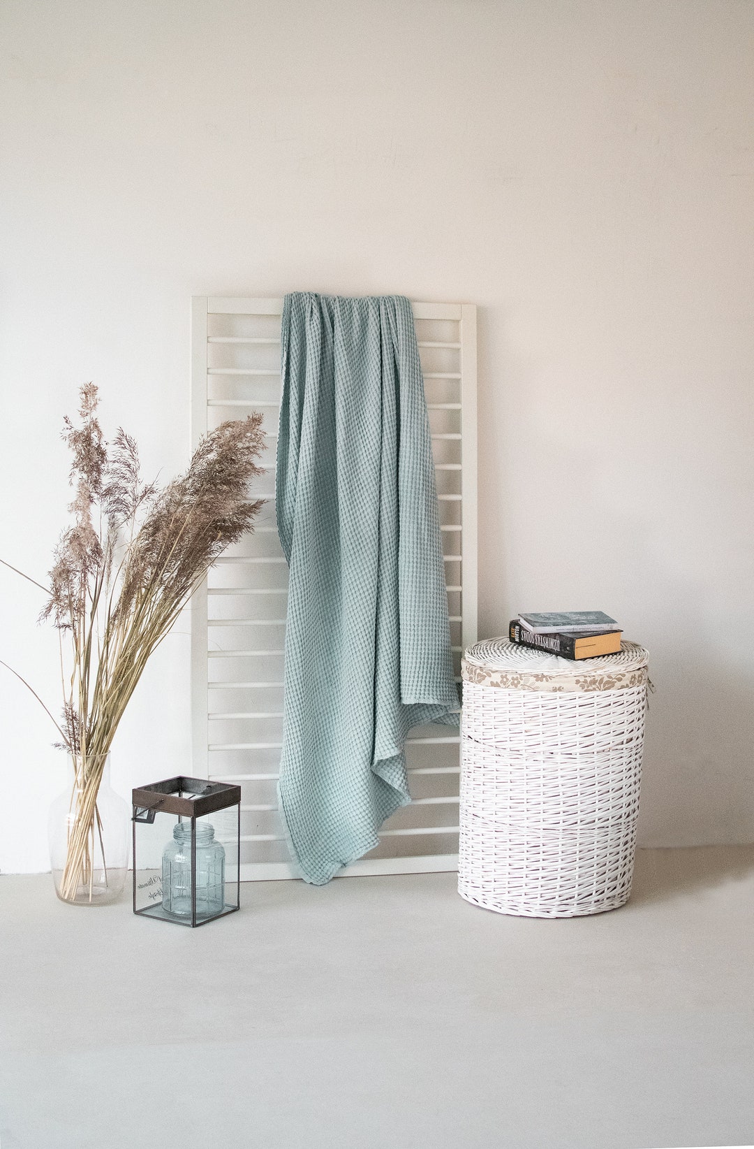 Light Blue Linen Throw Blanket Washed Bedspread Bed Cover Boho Home ...