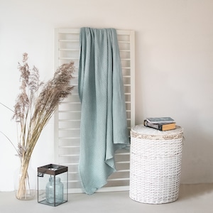 Light Blue Linen Throw Blanket Washed Bedspread Bed Cover Boho Home ...