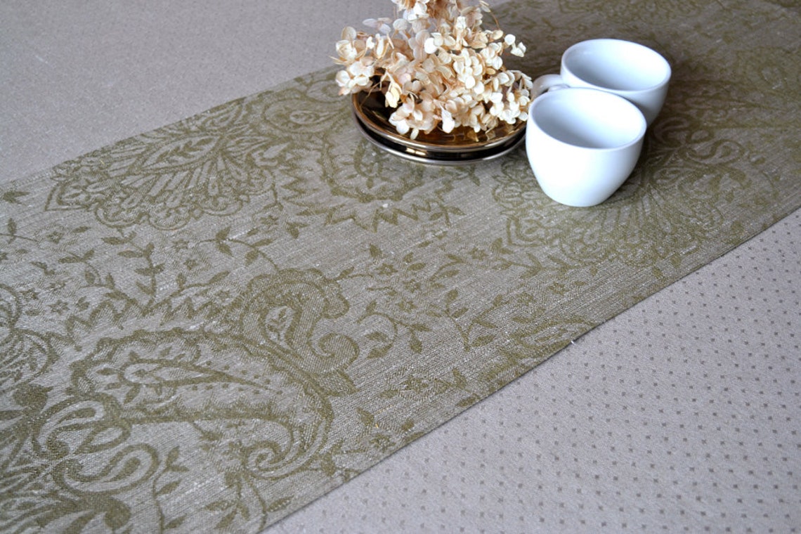 Damask Table Runner Olive Green / Natural Gray Linen table Etsy
