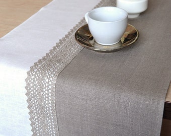 Linen table runner with lace Natural wedding dinner table decor Rustic table setting Taupe white centerpiece runner Home cottage runner