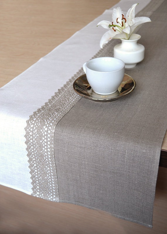 Linen Table Runner With Lace Natural Wedding Dinner Table Decor Rustic  Table Setting Taupe White Centerpiece Runner Home Cottage Runner 