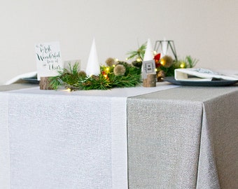 White silver linen table RUNNER Christmas metallic table scapes Wedding table centerpiece decor Holiday party dinner table decoration