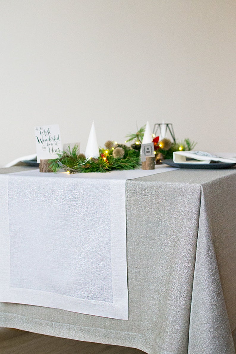 White silver linen table RUNNER Christmas metallic table scapes Wedding table centerpiece decor Holiday party dinner table decoration