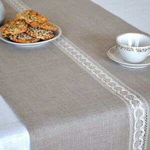 Natural linen table runner Family dinner lace table decor Taupe modern farmhouse centerpiece Christmas living tabletop decor new home gift image 2