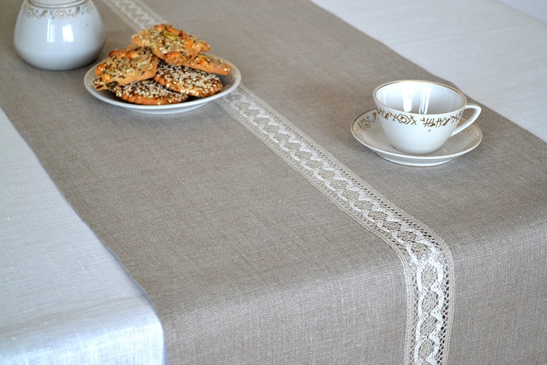 Natural linen table runner Family dinner lace table decor Taupe modern farmhouse centerpiece Christmas living tabletop decor new home gift image 2