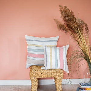 Blanco a rayas Juego de 2 fundas de almohada con colores Fundas de cama de lino de saco de grano Cojines de sofá decorativos Sofá casero Boho cojines coloridos